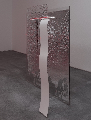Ali Meer Azimi, Lipstick to the Void, 2022, 210 x 130 x 50 cm, Aluminium, Mirror Plexi-Glass, Tempered Glass, Magnet, Neon Light and Glass Pipe